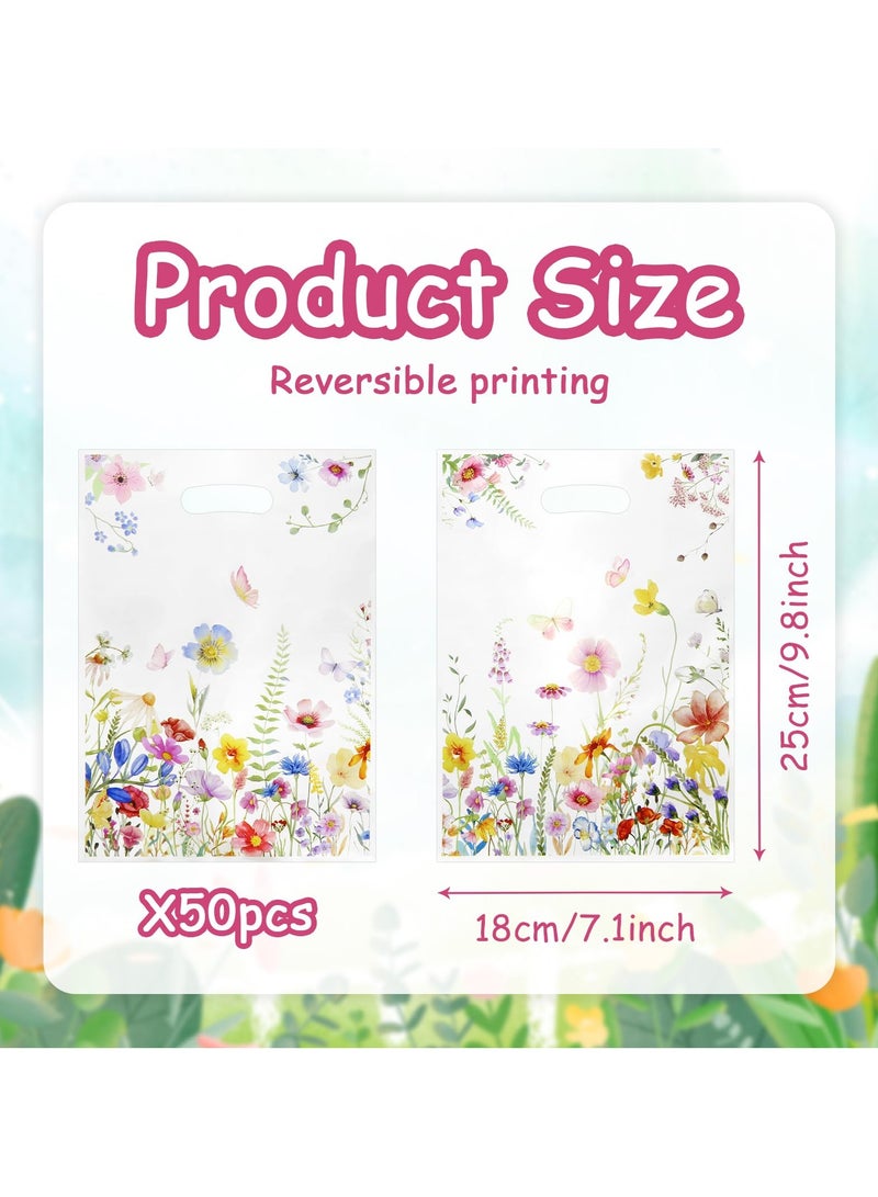 RTYY 50Pcs Wildflower Theme Goodie Bags Spring Wildflower Plastic Gift Bags Flower favor bags with Handles Party Treat Candy Bags for Birthday, Wedding, Baby Shower Party Supplies - Image 3