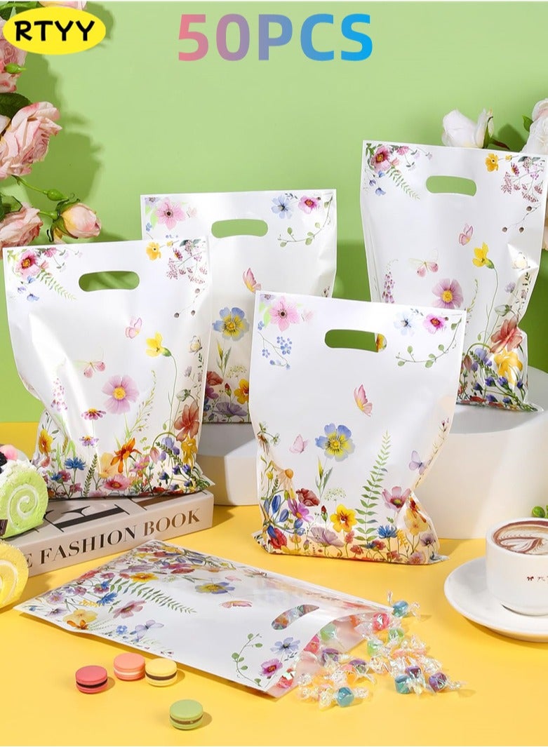 RTYY 50Pcs Wildflower Theme Goodie Bags Spring Wildflower Plastic Gift Bags Flower favor bags with Handles Party Treat Candy Bags for Birthday, Wedding, Baby Shower Party Supplies - Image 1