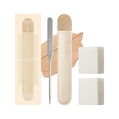 Piccasso Professional Makeup Spatula Sponge 2 Set Stainless Steel Foundation Spatula for Thin Seamless Base KBeauty Korean Tool for Flawless Finish Includes Leather Case - Image 1