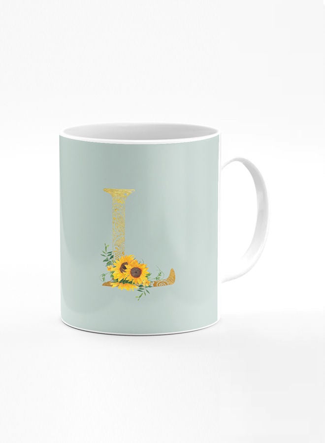 Stylizedd Designer Printed Coffee Mug 11oz Ceramic Personalised Gift Mugs Cup Custom Monogram Initial Letter Mandala Floral Pattern Alphabet L (Light Green) - Image 1