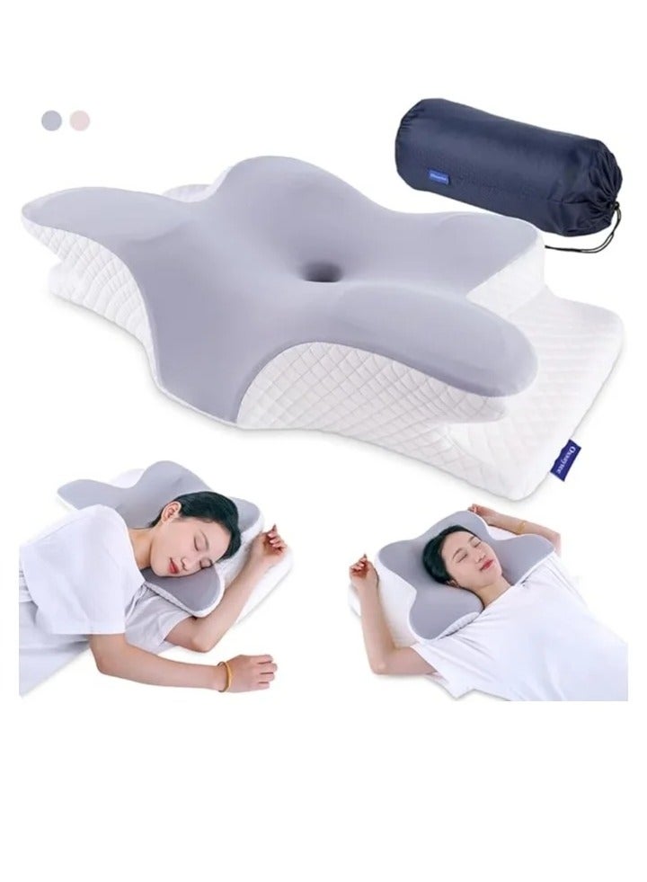 Memory Foam Butterfly-Shaped Cervical Pillow for Shoulder and Neck Pain Relief, Ergonomic Orthopedic Support for Side, Back, and Stomach Sleeping, Washable Cover Included, Grey - Image 1