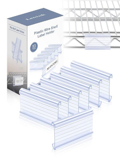 Lenink 30Pcs Wire Shelf Label Holders,Plastic Wire Rack Label Holder,Compatible with Metro 1-1/4in Shelves,Label Area 3in Lx1.25in H (Label Paper Insert Not Included)