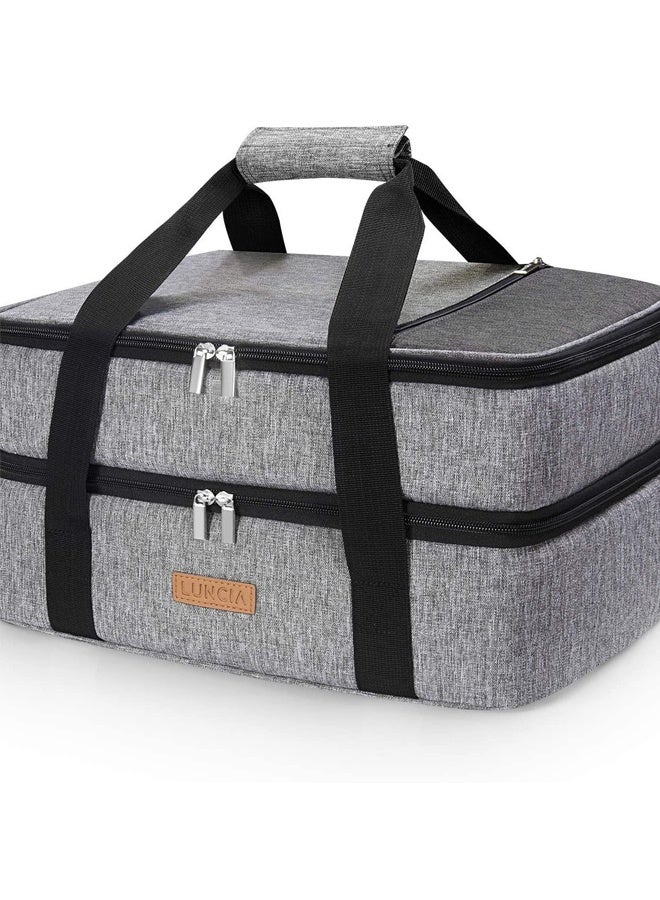 Beauenty Insulated Double Casserole Carrier Thermal Lunch Tote for Potluck Parties, Picnic, Beach, Fits 9 x 13 Inches Casserole Dish, Expandable by Mid Zipper, Grey - Image 1