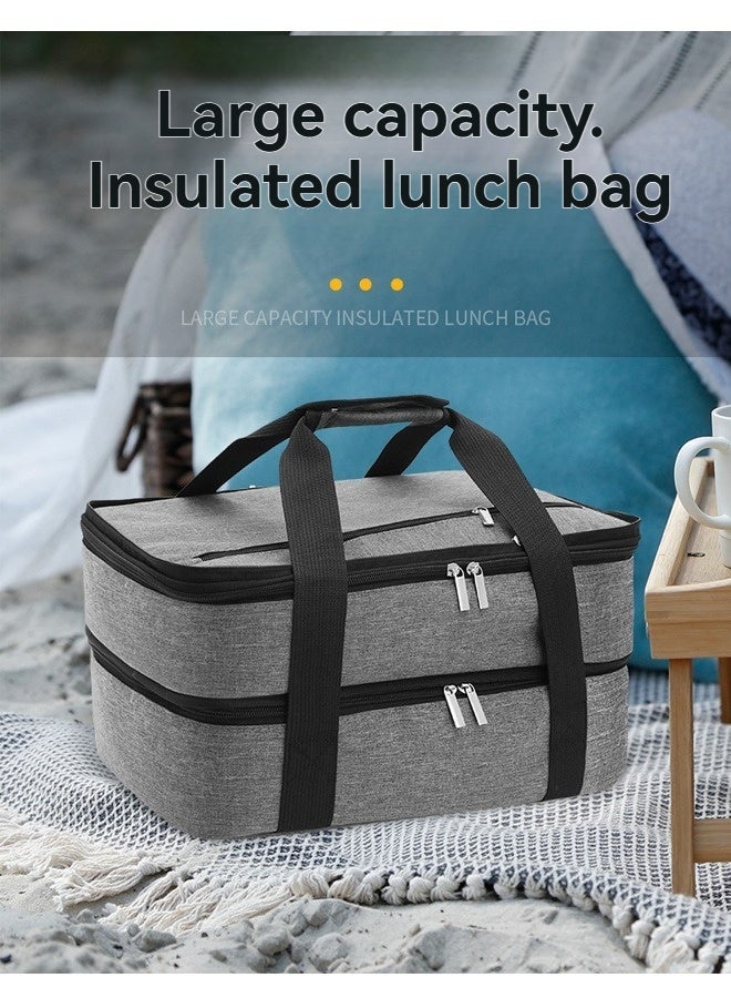 Beauenty Insulated Double Casserole Carrier Thermal Lunch Tote for Potluck Parties, Picnic, Beach, Fits 9 x 13 Inches Casserole Dish, Expandable by Mid Zipper, Grey - Image 2