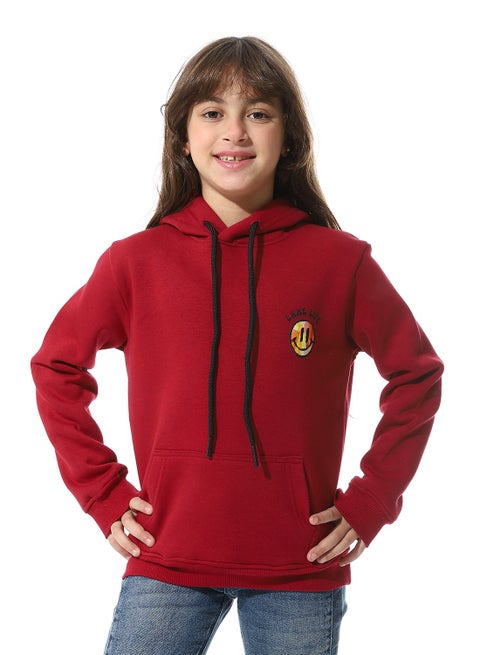 Back Printed Fleeced Girls Hoodie_Dark Red