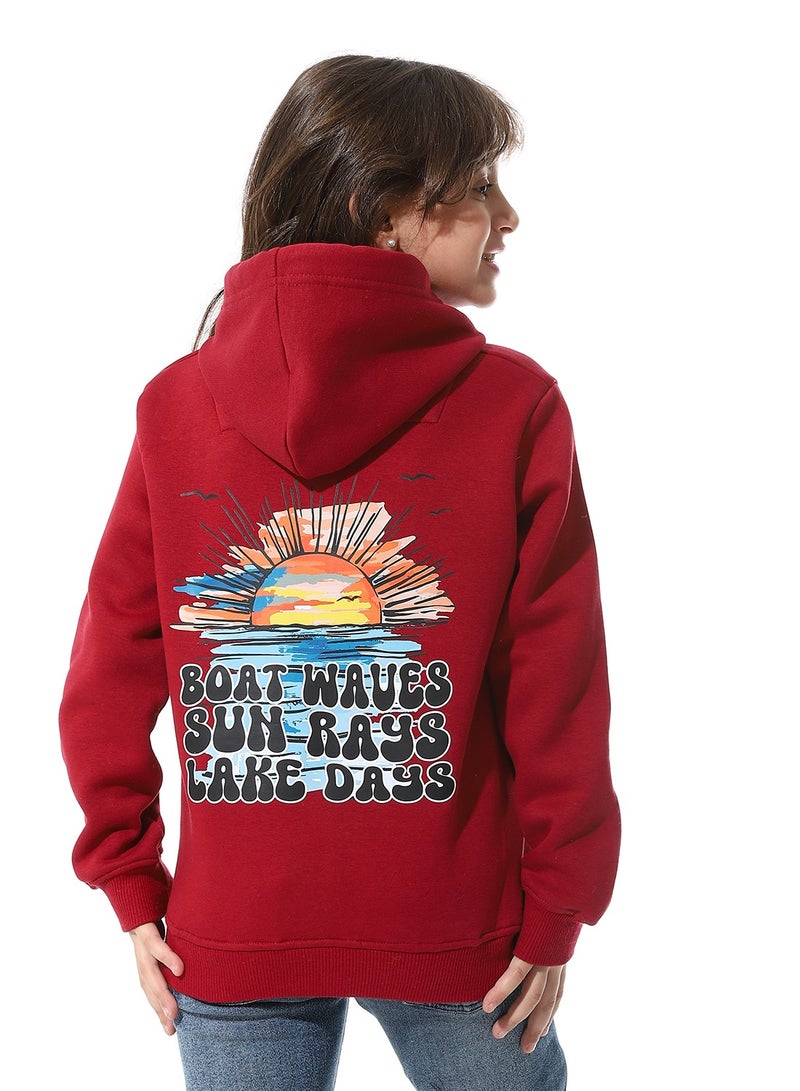 Andora Back Printed Fleeced Girls Hoodie_Dark Red - Image 3