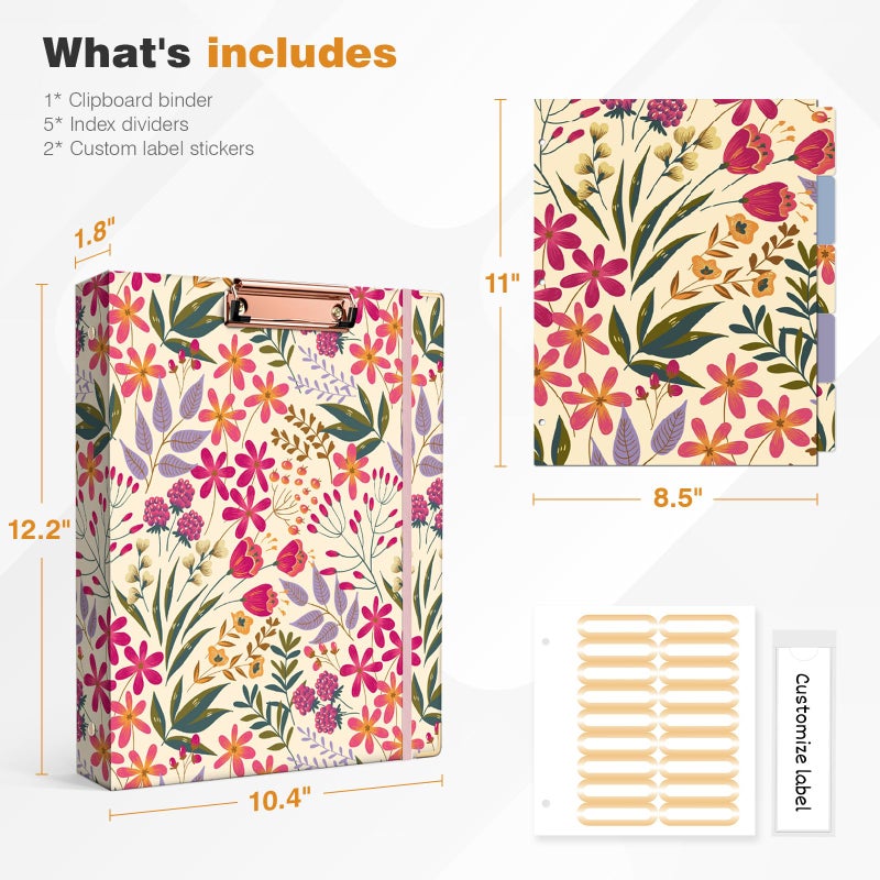 Ospelelf 3 Ring Floral Binder with Dividers, 1 inch Rings, 1.6 inch Spine, for Letter Size (11" x 8.5") Paper, Clipboard Organizer, for School and Office Supplies - Image 3