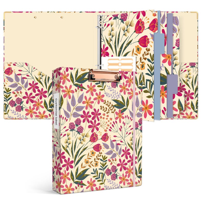Ospelelf 3 Ring Floral Binder with Dividers, 1 inch Rings, 1.6 inch Spine, for Letter Size (11" x 8.5") Paper, Clipboard Organizer, for School and Office Supplies - Image 1