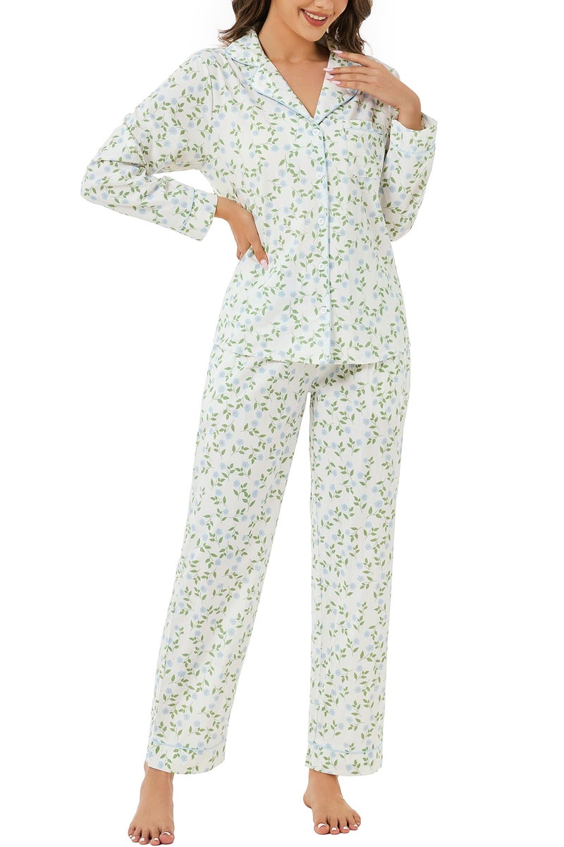 LUBOT 100% Cotton Pajamas for Women 2 Piece PJ Set Poplin Pajama Set Woven Long Sleeve Button-Down Printed Sleepwear Loungewear Set (Coastal Flower, M) - Image 1
