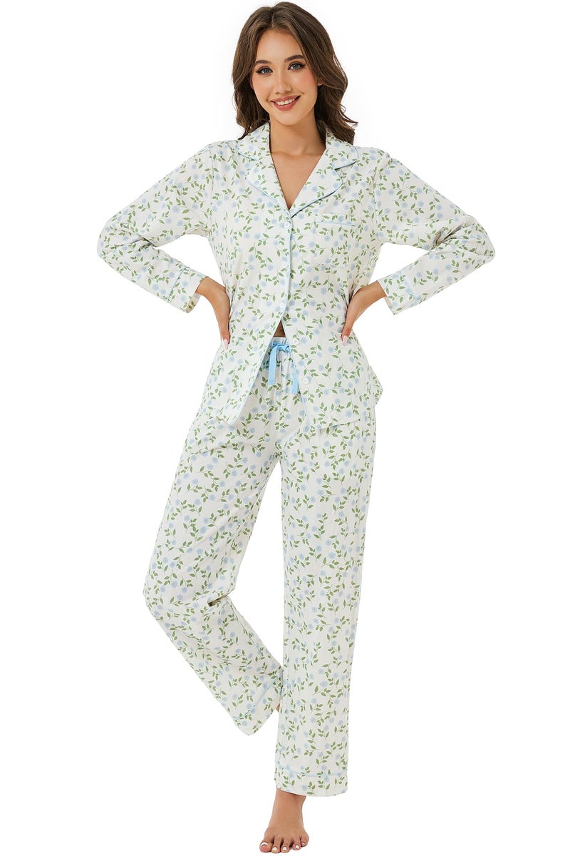 LUBOT 100% Cotton Pajamas for Women 2 Piece PJ Set Poplin Pajama Set Woven Long Sleeve Button-Down Printed Sleepwear Loungewear Set (Coastal Flower, M) - Image 3