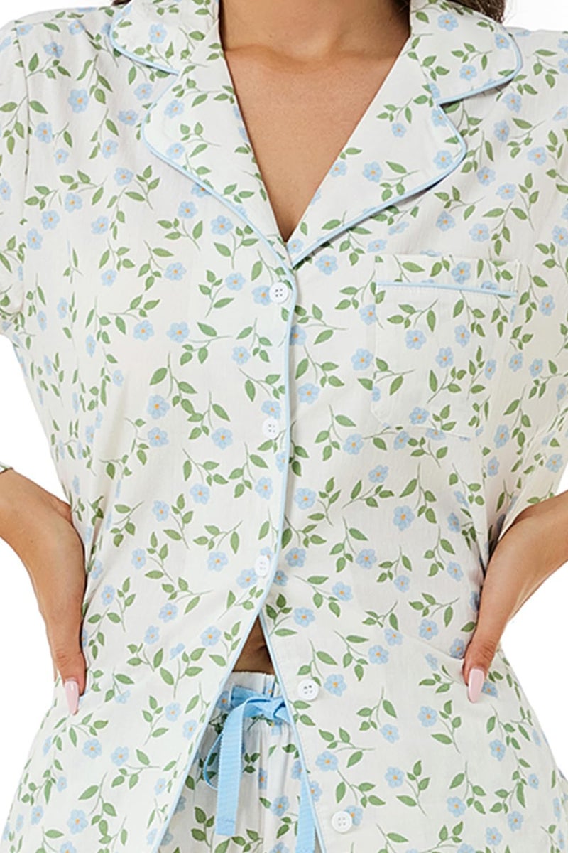 LUBOT 100% Cotton Pajamas for Women 2 Piece PJ Set Poplin Pajama Set Woven Long Sleeve Button-Down Printed Sleepwear Loungewear Set (Coastal Flower, M) - Image 2