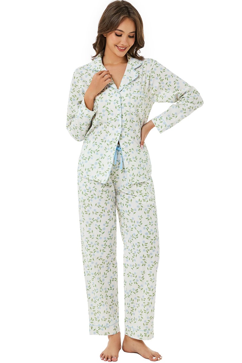 LUBOT 100% Cotton Pajamas for Women 2 Piece PJ Set Poplin Pajama Set Woven Long Sleeve Button-Down Printed Sleepwear Loungewear Set (Coastal Flower, M) - Image 4