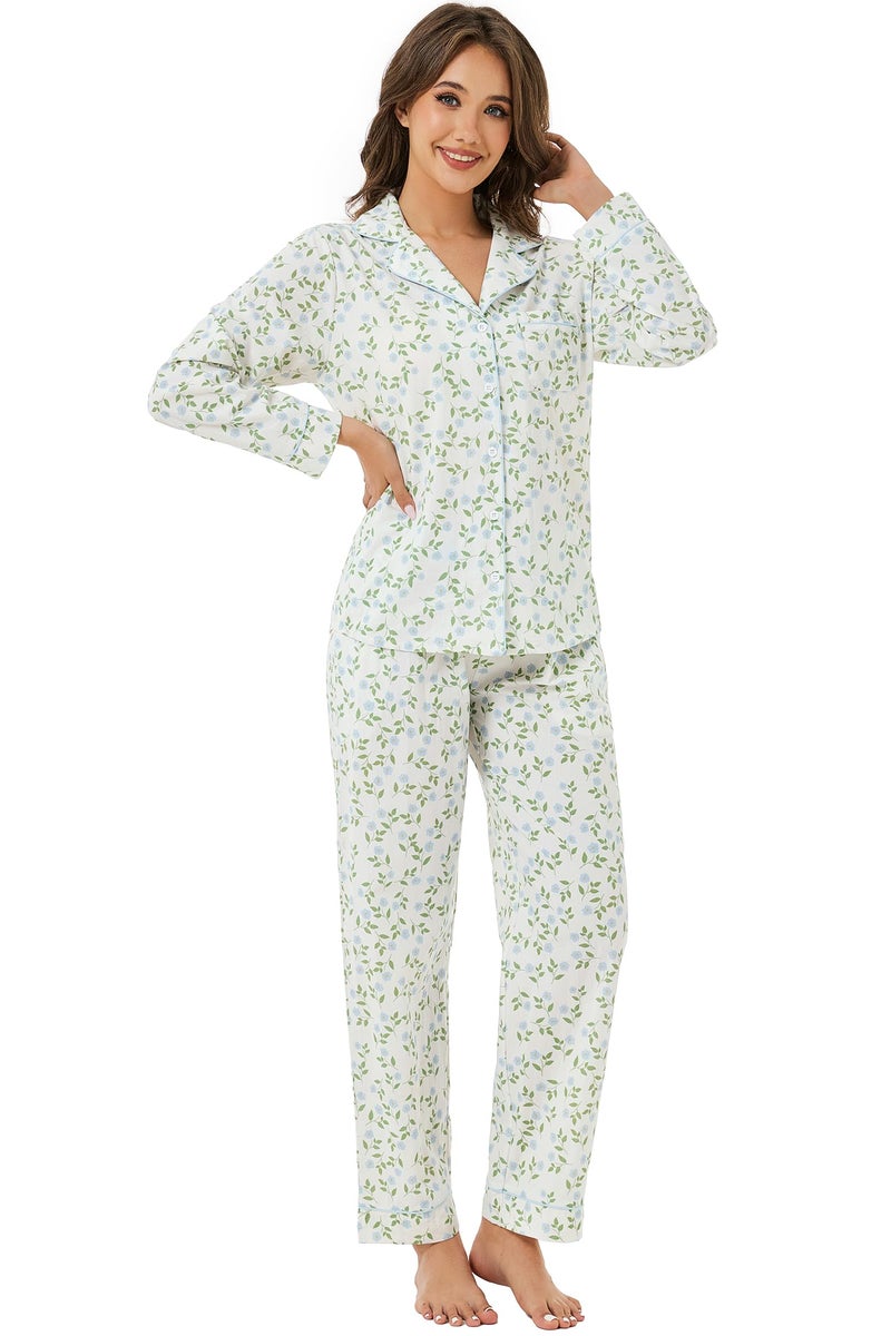 LUBOT 100% Cotton Pajamas for Women 2 Piece PJ Set Poplin Pajama Set Woven Long Sleeve Button-Down Printed Sleepwear Loungewear Set (Coastal Flower, M) - Image 5