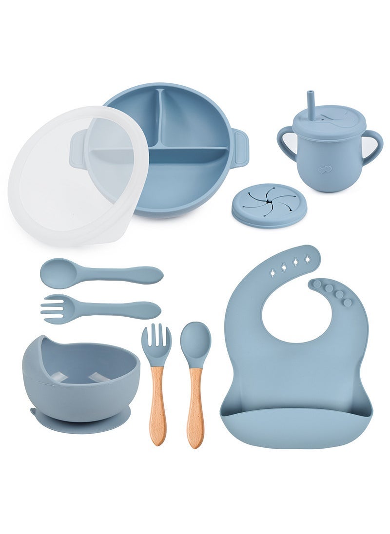 In Stock Childrens Dinner Plate Split Plate Baby Suction Type Silicone Bowl Set Childrens Food Supplemented Silicone Suction Bowl Y21 round partition bowl + lid + silicone bowl + drool pocket + Love Cup + snack cup lid + wooden handle spoon Fork + silicone spoon Fork