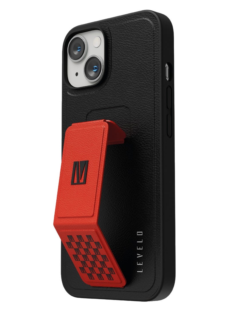 LEVELO iPhone 14 Plus Case Morphix Grip stand PU Leather Back Cover / Lifted Ring Case / Easy Snap-On / Drop & Bumper Protection - Red - Image 1