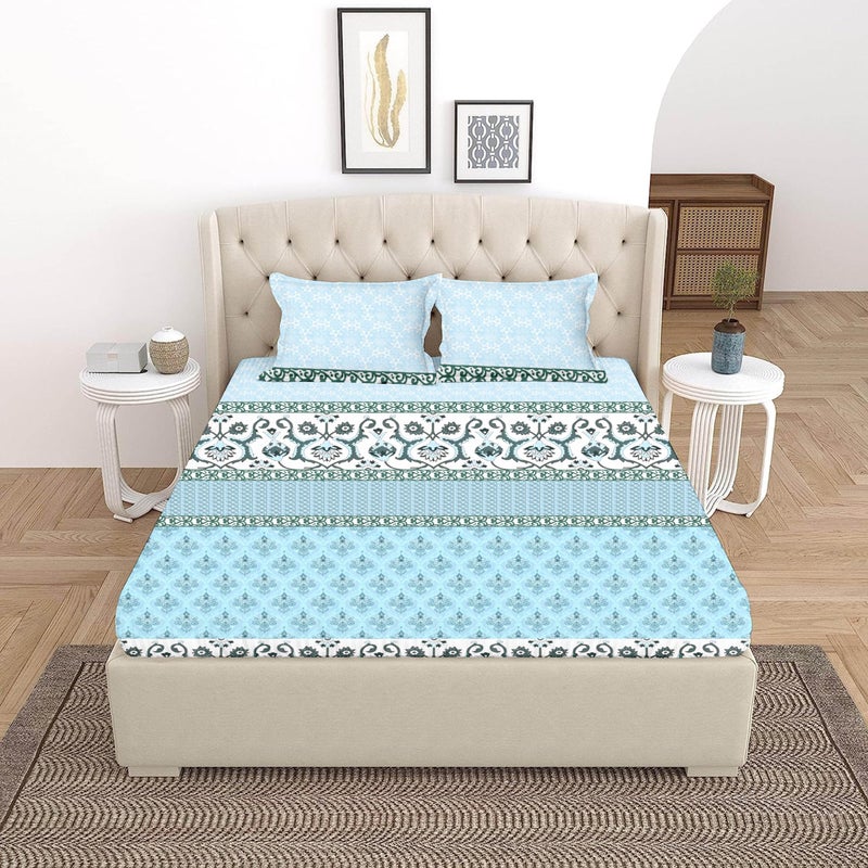 120 TC Premium Cotton Printed Flat Bedsheet for King Size Bed with 2 Pillow Covers (Light Blue, 108x108 inch) BAZ  - Image 2