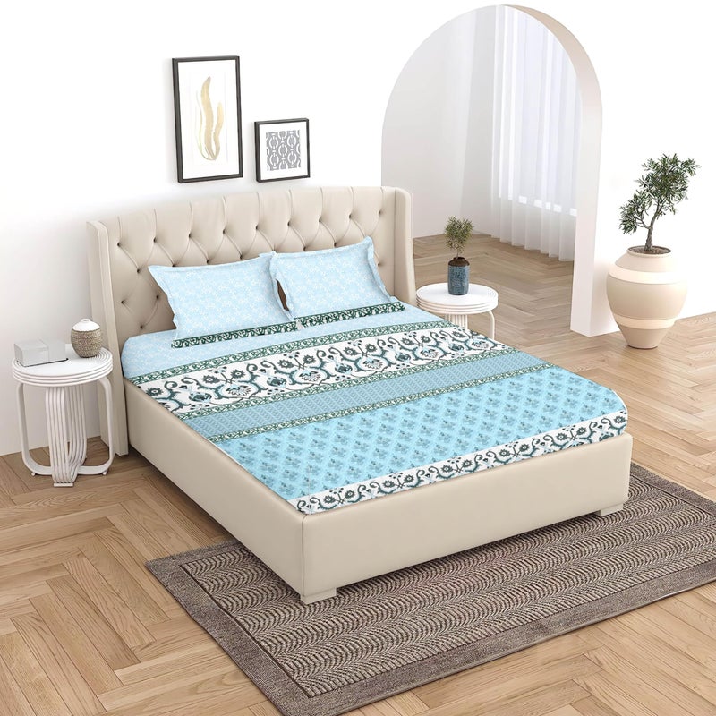 120 TC Premium Cotton Printed Flat Bedsheet for King Size Bed with 2 Pillow Covers (Light Blue, 108x108 inch) BAZ  - Image 3