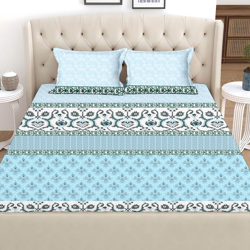 120 TC Premium Cotton Printed Flat Bedsheet for King Size Bed with 2 Pillow Covers (Light Blue, 108x108 inch) BAZ  - Image 1