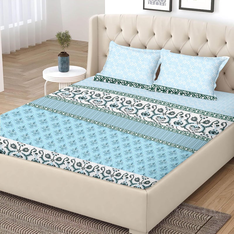 120 TC Premium Cotton Printed Flat Bedsheet for King Size Bed with 2 Pillow Covers (Light Blue, 108x108 inch) BAZ  - Image 4
