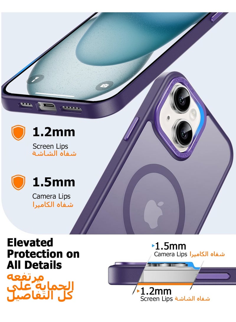 iPhone 15 MagSafe Case Magnetic Back Cover,【Full Shockproof Protection】Translucent Matte Back, Slim Phone Cover with Strong Magnet for Apple 15 (2023)(Purple)