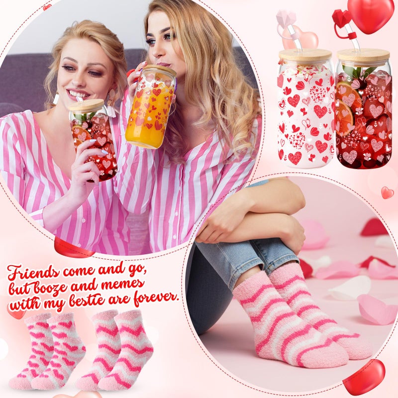 Sliner 2 Set Valentines Day Gifts 16 oz Galentines Heart Glass Cups with Coral Fleece Socks, Valentines Cups with Lid Straw and Heart Straw Topper for Her Women Friends BFF Birthday Gifts (Style 1) - Image 3