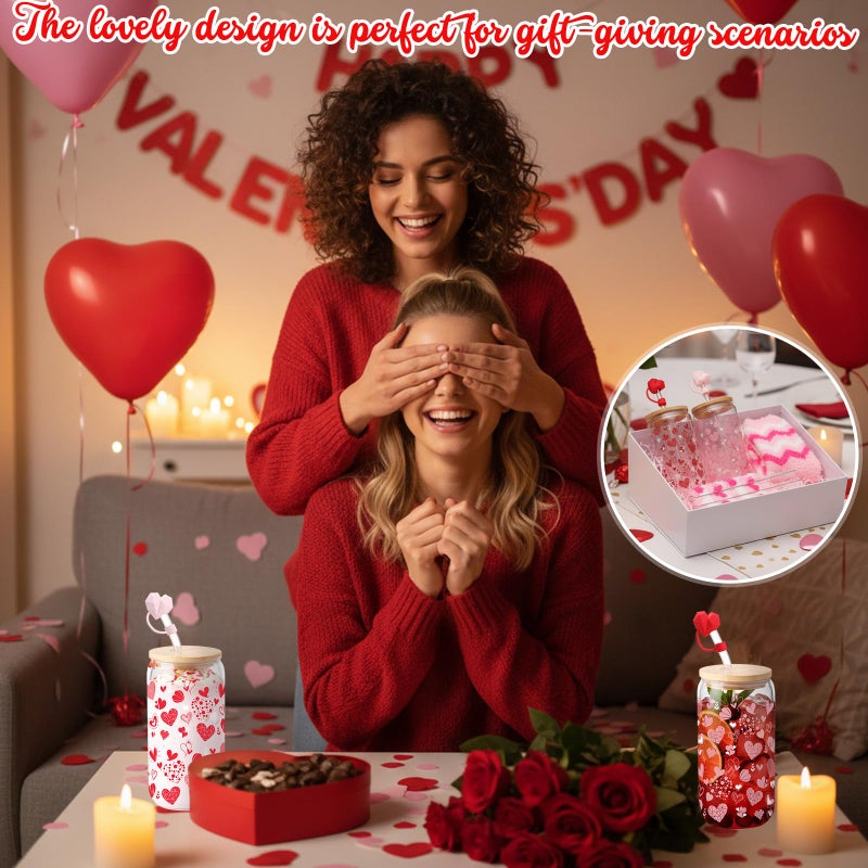 Sliner 2 Set Valentines Day Gifts 16 oz Galentines Heart Glass Cups with Coral Fleece Socks, Valentines Cups with Lid Straw and Heart Straw Topper for Her Women Friends BFF Birthday Gifts (Style 1) - Image 4