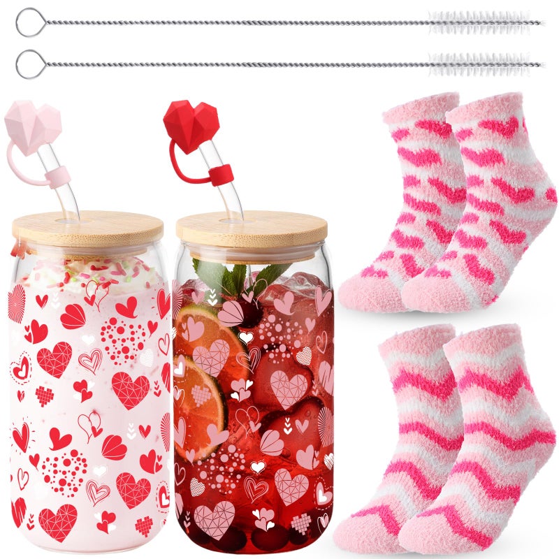 Sliner 2 Set Valentines Day Gifts 16 oz Galentines Heart Glass Cups with Coral Fleece Socks, Valentines Cups with Lid Straw and Heart Straw Topper for Her Women Friends BFF Birthday Gifts (Style 1) - Image 1