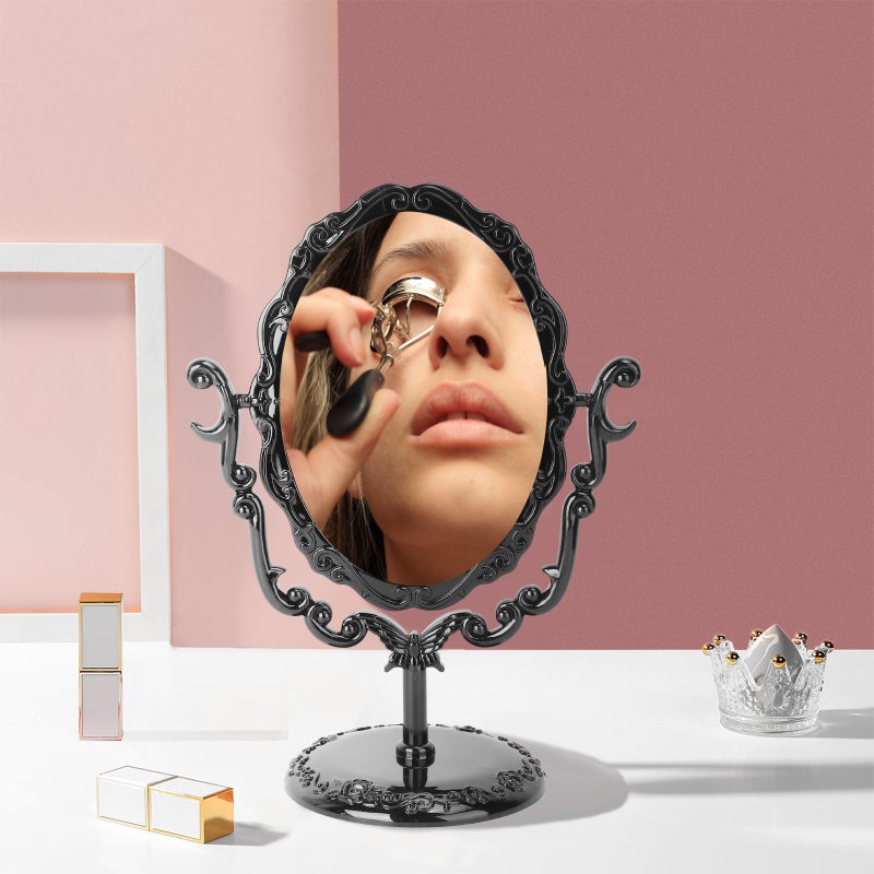 💄 مرآة مكياج مكتبية قابلة للدوران بتصميم قوطي كلاسيكي جانب واحد باللون الأسود مع زخرفة وورود - Image 3