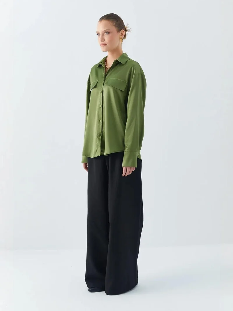MixRay Satin Button-Up Shirt with Pocket Detail