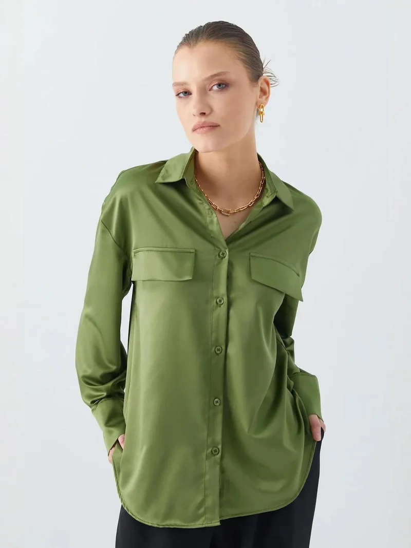 Mixray Khaki Green Satin Button-Up Shirt with Pocket Detail for Women | Best Price UAE