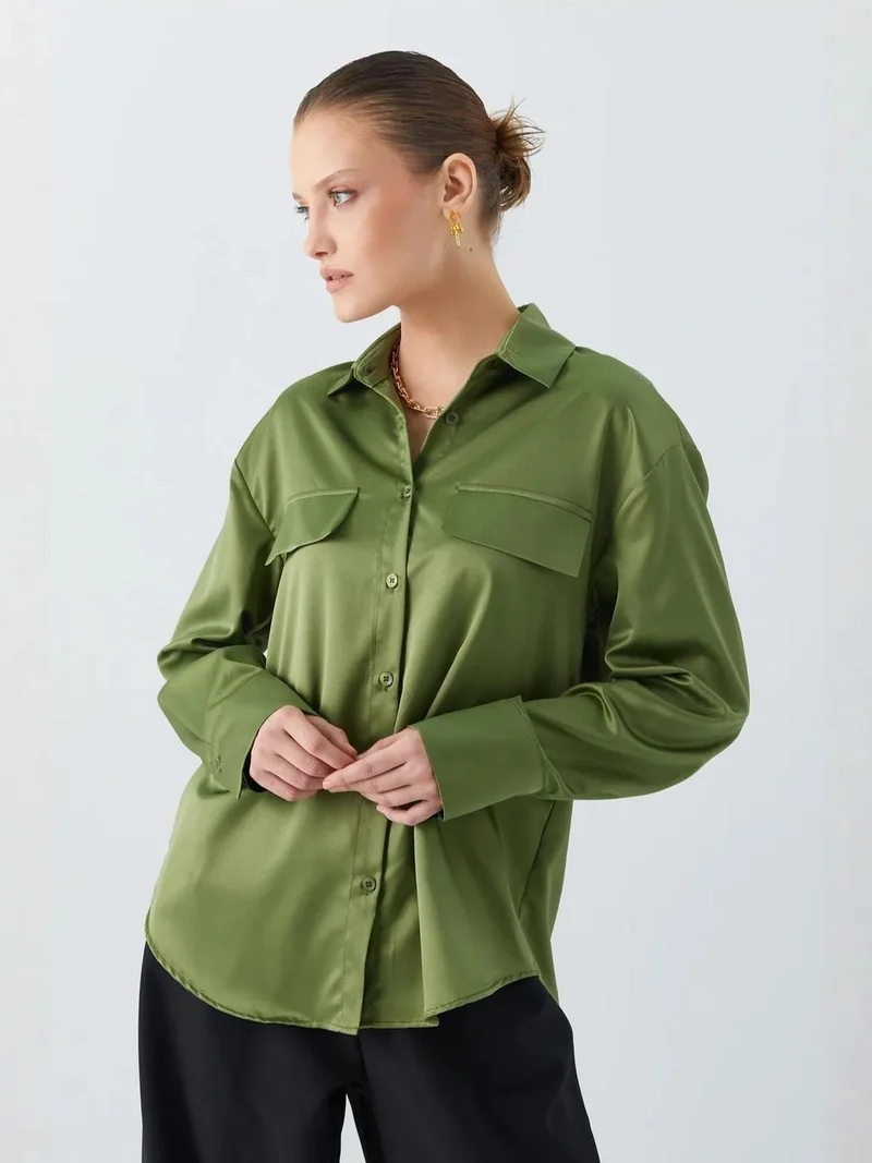 Mixray Khaki Green Satin Button-Up Shirt with Pocket Detail for Women | Best Price UAE