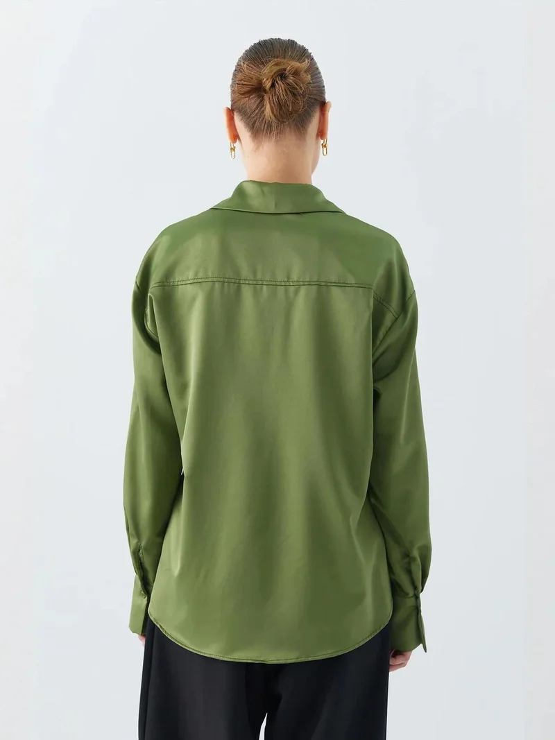 Mixray Khaki Green Satin Button-Up Shirt with Pocket Detail for Women | Best Price UAE