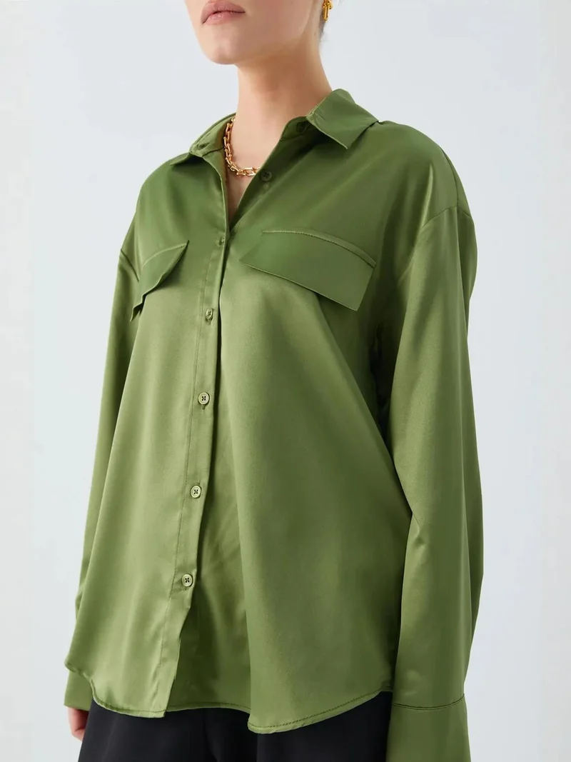 Mixray Khaki Green Satin Button-Up Shirt with Pocket Detail for Women | Best Price UAE