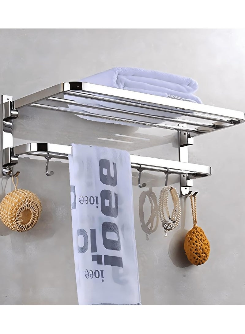 Vitacelli SUS 304 Stainless Steel Perforation-free Bathroom Towel Rack, Bath Towel Rack Bathroom Thickened Bathroom Rack With Towel Rack and Hooks "Foldable Towel Rack ( 60cm x 18cm x 23cm)  - Image 1