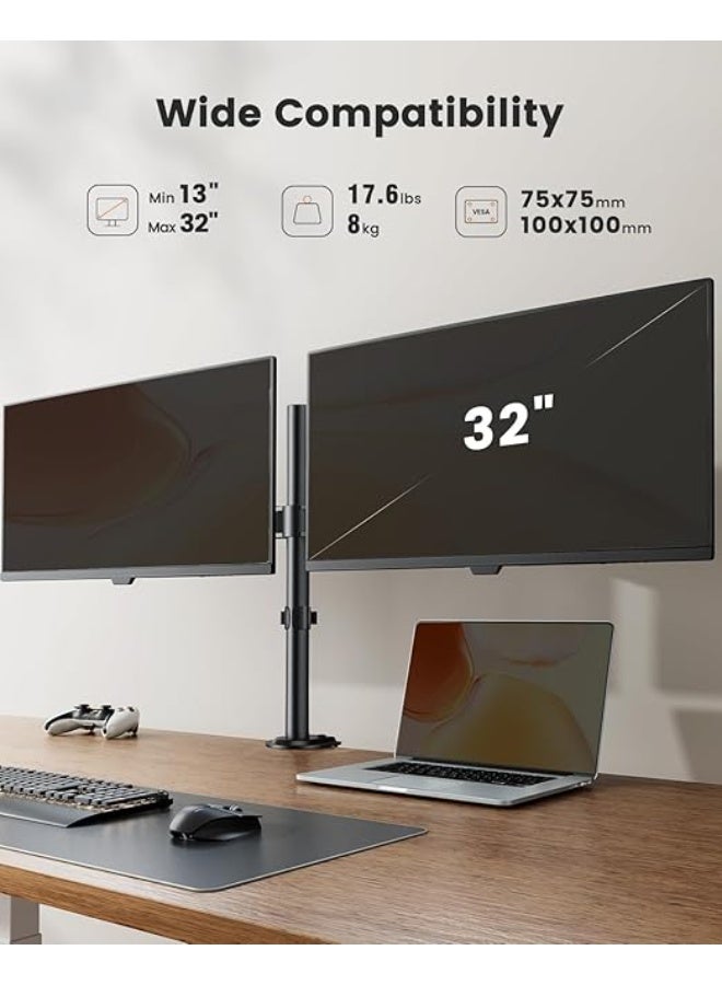 Dual Monitor Stand for 13”–32” Screens – Ergonomic Dual Arm Mount with Adjustable Tilt, Swivel & Rotation – Space-Saving & Comfortable Viewing - Image 5