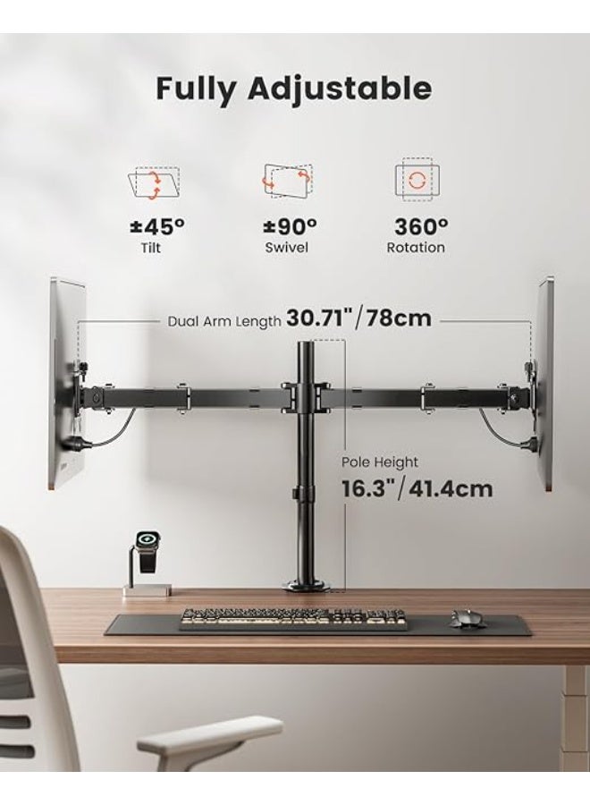 Dual Monitor Stand for 13”–32” Screens – Ergonomic Dual Arm Mount with Adjustable Tilt, Swivel & Rotation – Space-Saving & Comfortable Viewing - Image 3