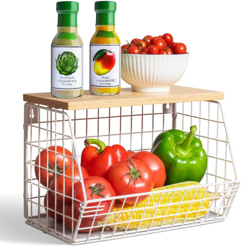 Wawocs White Fruit Bowl Wire Basket Storage Pantry Fruit and Vegetable Storage Fruit Basket for Kitchen Counter Stackable Wall Mounted Hanging Basket Wire Basket with Wood Lid with Hanger Hooks - Image 1