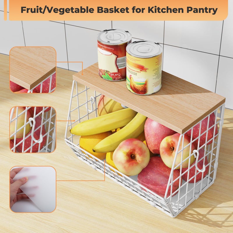 Wawocs White Fruit Bowl Wire Basket Storage Pantry Fruit and Vegetable Storage Fruit Basket for Kitchen Counter Stackable Wall Mounted Hanging Basket Wire Basket with Wood Lid with Hanger Hooks - Image 3