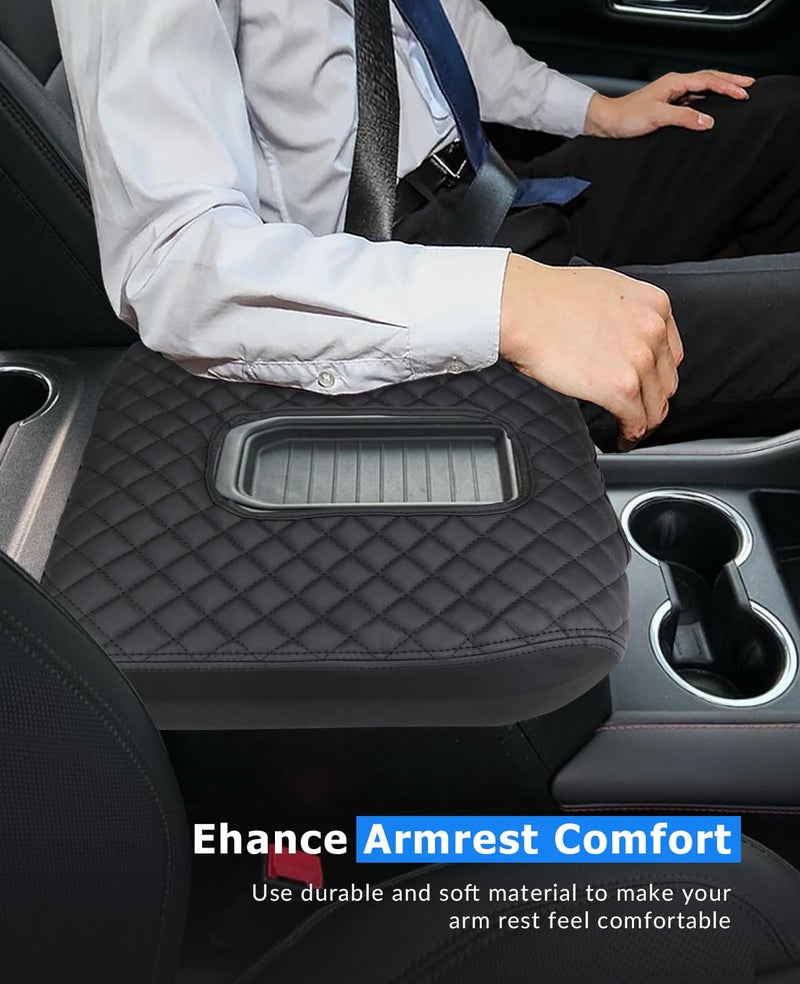 INTGET Center Console Cover for Chevy Silverado & GMC Sierra Accessories 2019 2020 2021 2022 2023 2024 2025 Leather Armrest Lid Arm Rest Box Protector (Black Pad, Bucket Seat 19-25) - Image 5