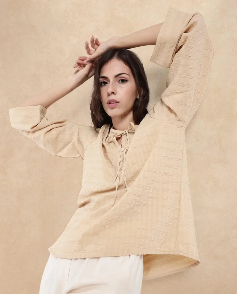 Rareism Women's Textured Bell Sleeve Top