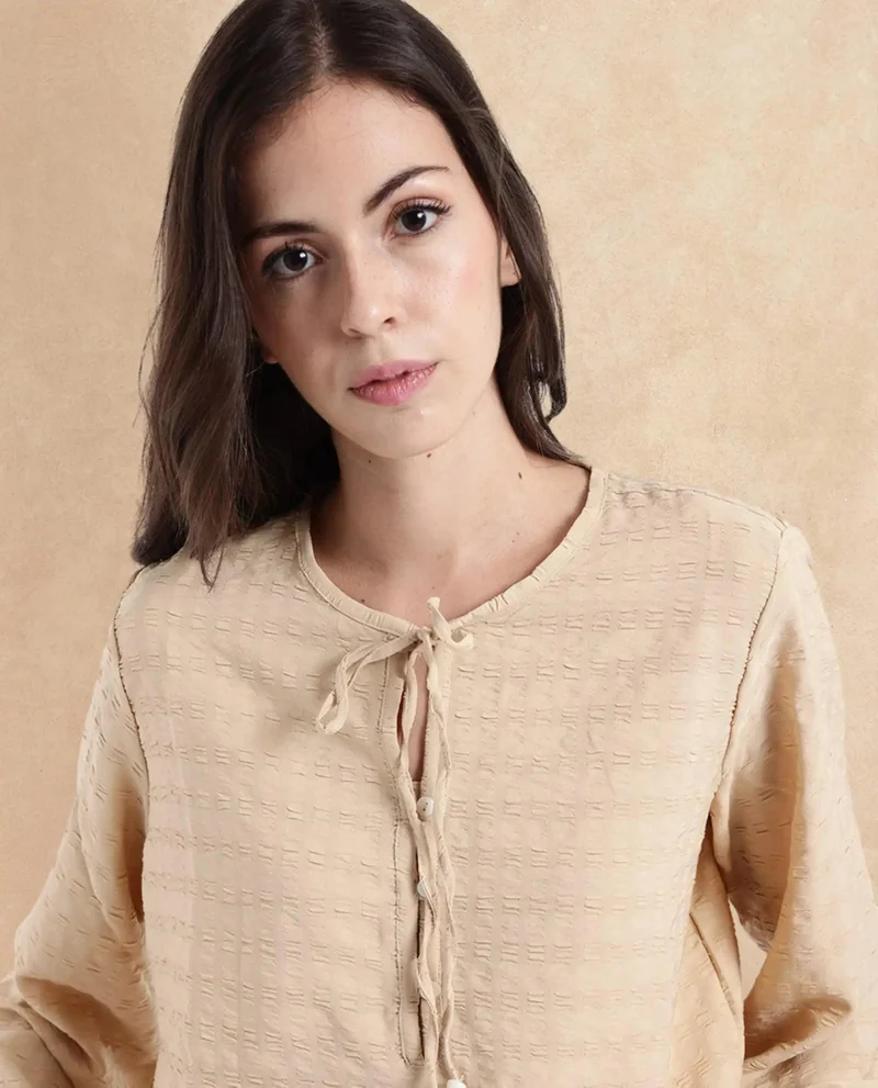 Rareism Women's Textured Bell Sleeve Top