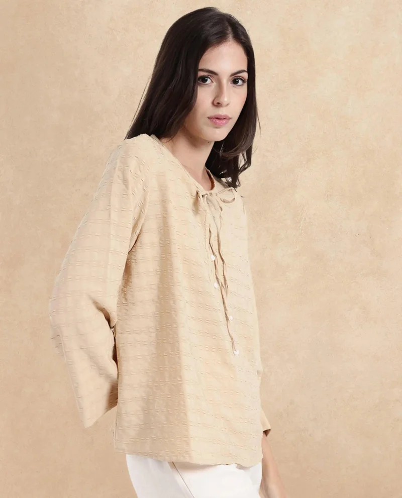 Rareism Women's Textured Bell Sleeve Top