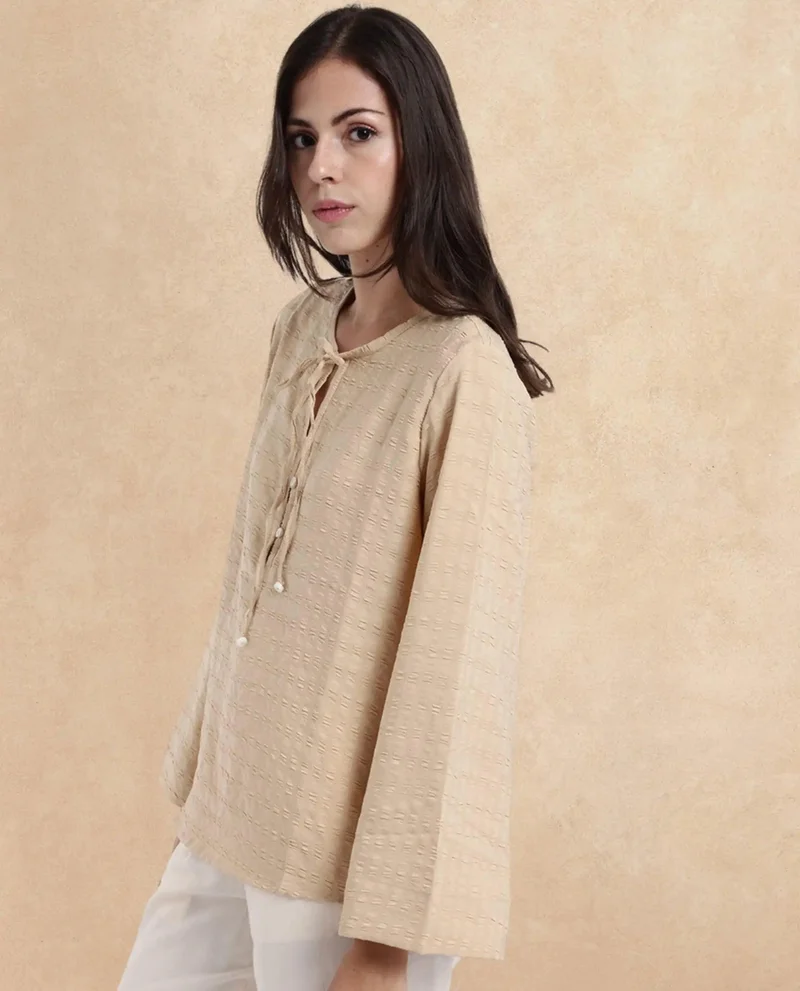 Rareism Women's Textured Bell Sleeve Top