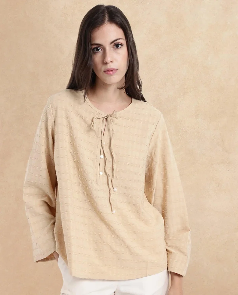 Rareism Women's Textured Bell Sleeve Top