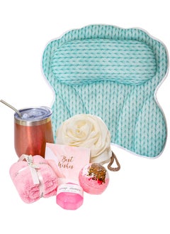 LADYMCBATH Lady McBath Spa Gift Basket - Luxury Bath Pillow, Loofah, Bath Bomb, Soap, Towel & Insulated Wine Cup - Relaxation Gift for Spa Night 