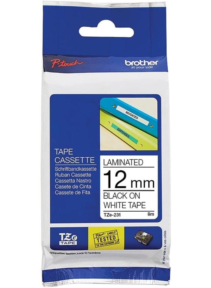 Brother Genuine TZe-231 12mm Standard Laminated Label, Black on White Tape, 8M Length - Image 1