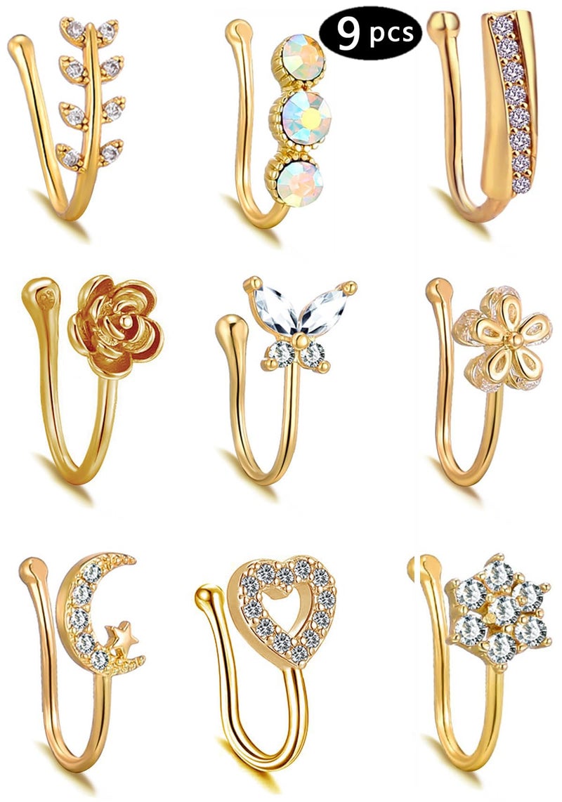 TAMHOO 9pcs Fake Nose Ring for Women,Gold Plated Nose Rings for Women,CZ Nose Cuffs for Non Pierced Nose - Image 2