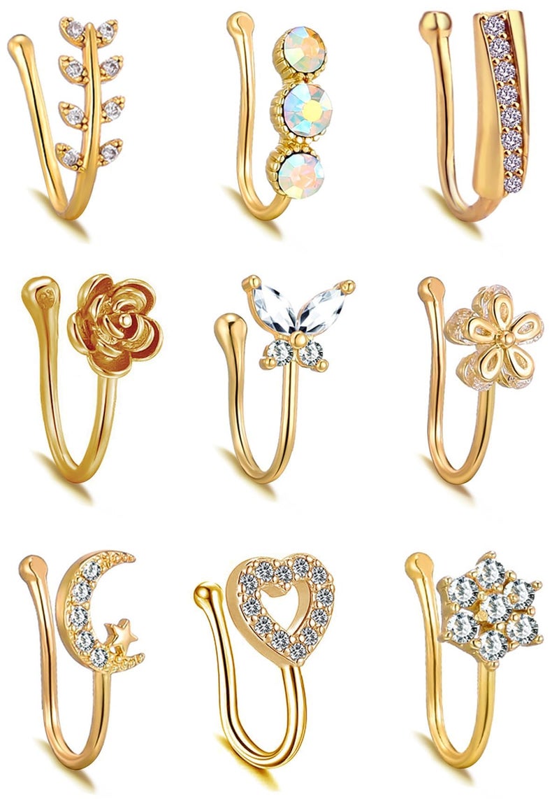 TAMHOO 9pcs Fake Nose Ring for Women,Gold Plated Nose Rings for Women,CZ Nose Cuffs for Non Pierced Nose - Image 1