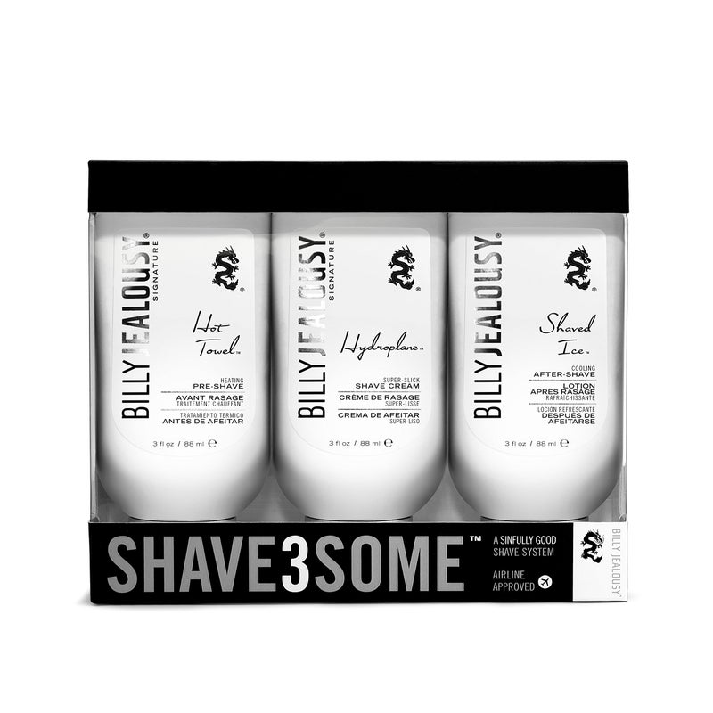 Billy Jealousy Shave3some Travel-Size Trio Shaving Kit for Men with Heating Pre-Shave, Super Slick Shave Cream and Cooling After-Shave, Citrus Scent, 3 Fl Oz Each - Image 1