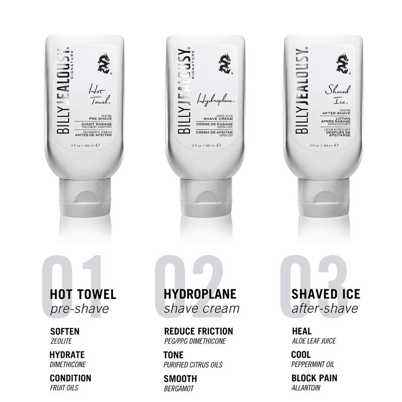 Billy Jealousy Shave3some Travel-Size Trio Shaving Kit for Men with Heating Pre-Shave, Super Slick Shave Cream and Cooling After-Shave, Citrus Scent, 3 Fl Oz Each - Image 4
